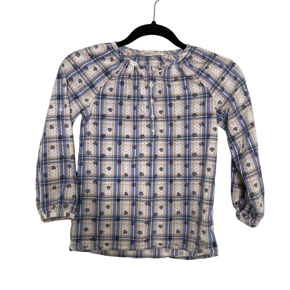 Girl's 6X Lands' End Long Sleeve Shirt Button Front‎ Plaid Floral Pattern Cotton